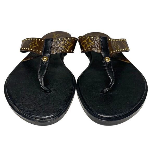 Louis Vuitton Sunny Flat Thong Sandals EU 37 Brown Monogram Logo Flip Flop Slide - Picture 3 of 9